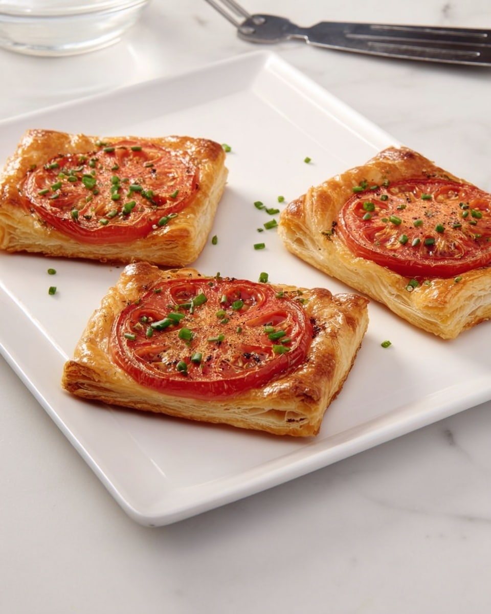 The image shows three square-shaped pastries on a white rectangular plate, placed on a white marbled surface. Each pastry has a golden-brown flaky crust as the base layer, topped with a single round slice of red tomato that looks soft and slightly cooked. Small pieces of green herbs, likely chopped chives, are scattered evenly over the tomato slices, adding a fresh touch of color. The pastries show a slight glossy finish, indicating they were brushed with an egg wash before baking. In the background, there is a spatula and a part of another dish visible. Photo taken with an iphone --ar 4:5 --v 7