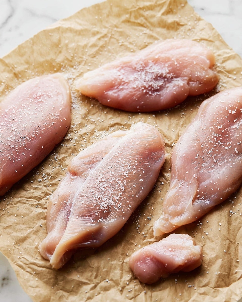 Four thin slices of raw pink chicken laid out on crumpled brown parchment paper, each piece sprinkled evenly with white salt crystals. The chicken pieces have varying shapes and sizes, showing a soft, smooth, and slightly wet texture, with one small trimmed piece to the side. The background is a white marbled surface, adding a clean and light contrast to the arrangement. Photo taken with an iphone --ar 4:5 --v 7