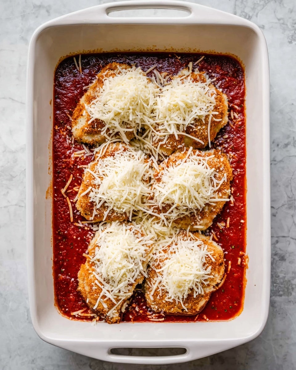 The image shows a white rectangular baking dish with two handles, placed on a white marbled surface. Inside the dish, there is a layer of red tomato sauce spread on the bottom. On top of the sauce, four lightly browned breaded pieces of chicken are arranged side by side, covering most of the sauce. Each piece of chicken has a mound of shredded white cheese sprinkled on top, with some small granules of grated cheese also scattered over the dish. The chicken pieces have a crispy texture with a golden brown color, providing a nice contrast to the red sauce and white cheese. Photo taken with an iphone --ar 4:5 --v 7