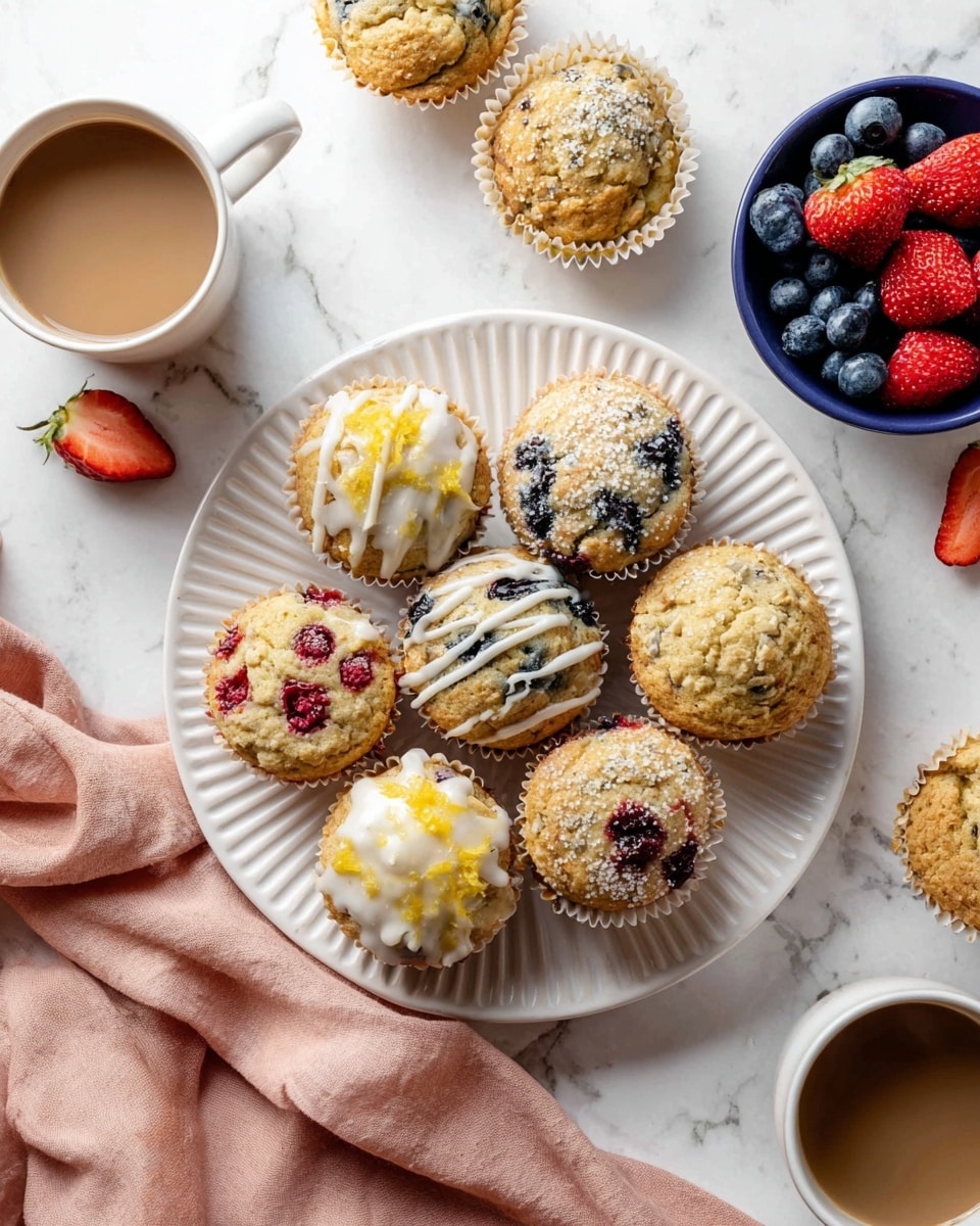 A white plate with ruffled edges holds three types of muffins arranged in a neat cluster: six lemon poppy seed muffins on the top right side, each topped with white icing drizzled across and a small yellow lemon wedge; five blueberry muffins with visible blueberries and a sprinkle of coarse sugar located on the bottom left and bottom right; and five raspberry muffins with small red raspberry pieces mixed inside, positioned on the lower center and bottom left. Surrounding the plate on a white marbled surface are a white mug of coffee with light brown liquid and blue bowl of fresh blueberries on the right, along with scattered strawberries, two more muffins partially seen in white paper liners, and part of a white cup with coffee at the bottom right. A soft pink cloth is partially under the plate and some muffins. The lighting is bright and natural. Photo taken with an iphone --ar 4:5 --v 7