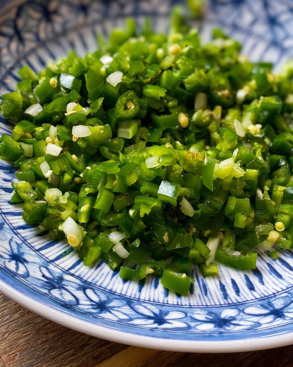 This image shows a close-up of finely chopped green jalapeño peppers piled loosely on a white plate with a blue patterned rim. The small green pieces have visible seeds and some white inner parts, creating a mix of dark green, light green, and off-white colors. The plate sits on a wooden surface. The focus is on the pepper pieces showing their chunky texture and fresh look. photo taken with an iphone --ar 4:5 --v 7