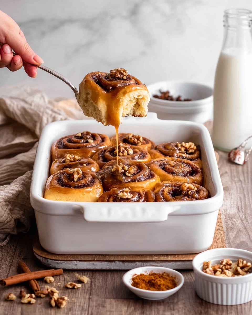 A white square baking dish holds nine soft cinnamon rolls, each roll showing a spiral of brown cinnamon filling inside a golden tan dough. One cinnamon roll is lifted above the dish by a spoon held by a woman's hand on the left side, dripping a shiny, thick golden caramel sauce with small walnut pieces onto the roll below. The rolls look fluffy and warm with slightly crispy edges. Around the dish, on a wooden table with a white marbled background, there are small white bowls filled with chopped nuts and spices, and a clear bottle filled with white milk. Photo taken with an iphone --ar 4:5 --v 7