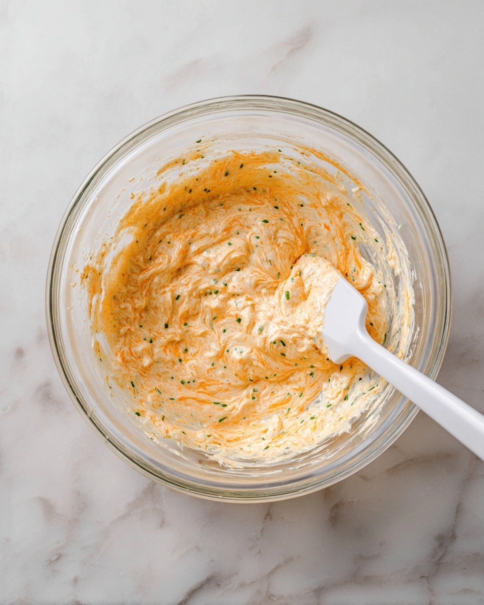 A clear glass bowl sits on a white marbled surface filled with a creamy mixture that is light orange with thin strands of a darker orange ingredient evenly spread throughout. Tiny green herbs are dotted all around the mixture, giving it texture and color contrast. A white spatula is partially dipped into the mixture on the right side, showing the soft and thick consistency of the blend. Photo taken with an iphone --ar 4:5 --v 7