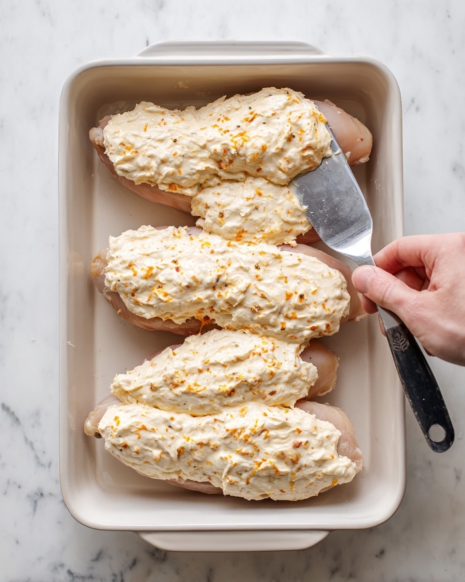 The image shows four raw chicken pieces placed in a white rectangular baking dish on a white marbled surface. Each chicken piece has a thick layer of creamy cheese mixture spread evenly on top, which has a light off-white color with visible small orange cheese pieces and specks of seasoning mixed in. A woman's hand can be seen holding a metal spatula with a black handle, gently smoothing the cheese topping on the top piece of chicken. The overall look is neat, with the chicken arranged in a single row inside the dish. photo taken with an iphone --ar 4:5 --v 7