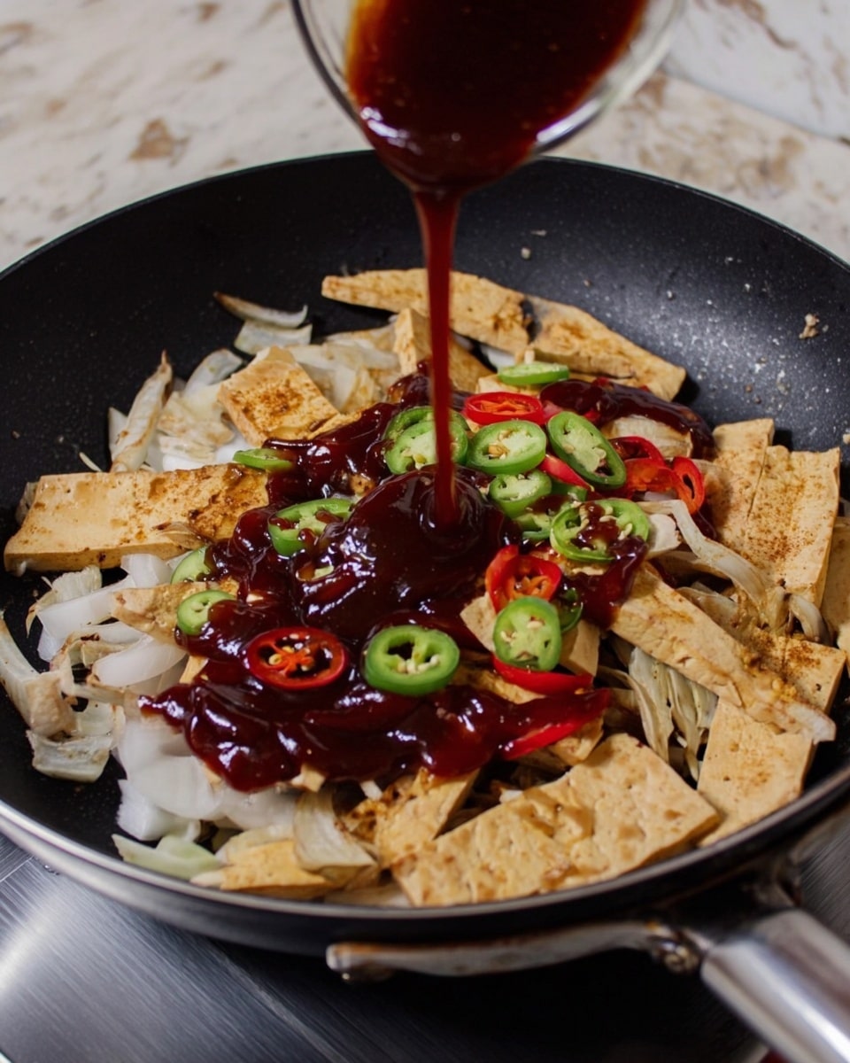 A black frying pan is filled with three main layers of food. The bottom layer is light brown fried tofu strips, which are slightly crispy and uneven in shape. Spread among the tofu are thin white onion slices. On top of these, there are slices of red and green chili peppers scattered around the center. Over the peppers and tofu, thick dark red sauce is being poured from above, forming shiny blobs and a small stream as it lands. The pan is set on a light-colored stovetop and the background has a white marbled texture. photo taken with an iphone --ar 4:5 --v 7