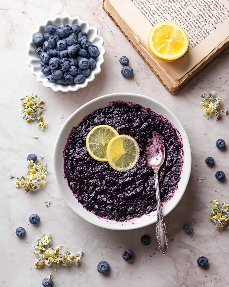 A white bowl sits on a white marbled surface, filled with a dark purple, thick, mashed blueberry mixture with a silver spoon resting on the right side inside the bowl. Above, a white scalloped dish is filled with whole fresh blueberries and decorated with two light yellow lemon slices and small white chamomile flowers with yellow centers. To the right, an open book lies flat on the white marbled surface, holding a small white bowl filled with lemon slices and white chamomile flowers. Scattered around the scene are loose blueberries, lemon slices, and chamomile flowers, adding a natural, rustic feel to the setup. photo taken with an iphone --ar 4:5 --v 7