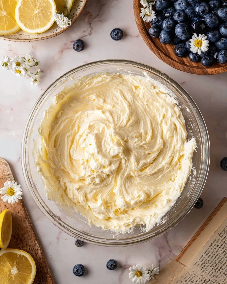 A clear glass bowl holds one layer of light, fluffy cream mixture in pale yellow with soft, swirled texture, mostly smooth with some peaks and folds, sitting at the center of a white marbled surface. Around the bowl are scattered blueberries in a white plate layered with a lemon slice and a small white flower on top, and nearby a wooden dish holds more lemon slices decorated with small white flowers. A partially visible open book page can be seen under the bowl on the white marbled texture, with soft natural light illuminating the scene. photo taken with an iphone --ar 4:5 --v 7