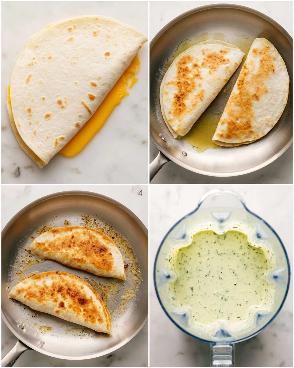 The image is divided into four parts showing the process of making quesadillas and a sauce. The top left shows one soft white tortilla folded in half with melted yellow cheese peeking out on a white marbled surface. The top right shows two folded white tortillas frying in a shiny metal pan with golden oil covering the pan's bottom. The bottom left shows the same two folded tortillas now browned and crispy with a golden crust inside the same pan with oil bubbling around the edges. The bottom right shows a close-up of a blender container filled with a creamy light green sauce with dark green herb bits, on a white marbled surface. Photo taken with an iphone --ar 4:5 --v 7