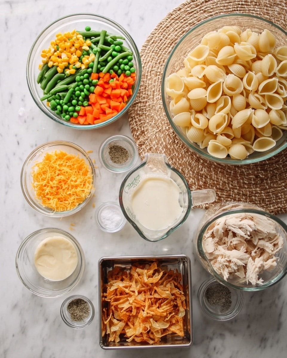 The image shows ingredients for a pasta dish arranged on a white marbled surface with a round woven mat underneath. The top-left corner has a clear glass bowl with mixed vegetables including green beans, peas, carrots, and corn. To the right, there is a clear glass bowl filled with shell pasta. In the center, there are small bowls and containers with shredded yellow cheese, mayonnaise, a measuring cup with milk, shredded cooked chicken in a glass measuring cup, and crispy fried onions in a metal tin. There are also small glass bowls containing salt, pepper, and garlic powder. The white marbled surface and the natural light create a clean and neat look for the ingredients. Photo taken with an iphone --ar 4:5 --v 7