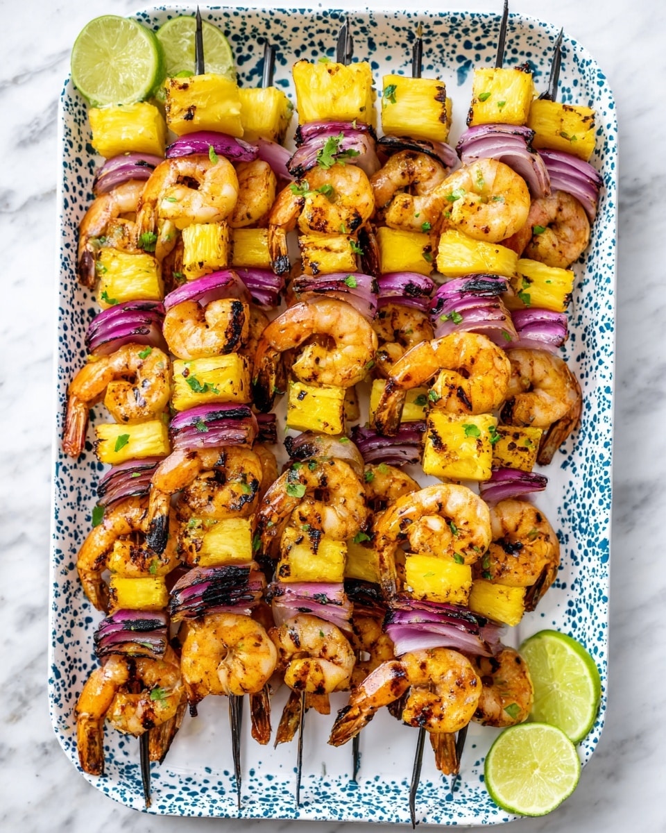 Several grilled shrimp skewers are placed in a white rectangular tray with blue spots, layered with bright yellow grilled pineapple chunks and purple onion pieces. Each skewer has three sections starting with shrimp, followed by onion, then pineapple, repeated twice. Some shrimp have a light charred look, and there are lime wedges on one corner of the tray. The background is a white marbled surface. photo taken with an iphone --ar 4:5 --v 7