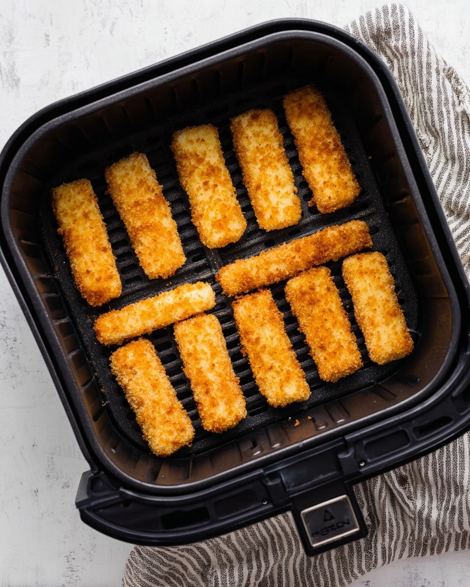 Inside a black air fryer basket on a white marbled surface, there are twelve golden brown breaded fish sticks, arranged in three rows horizontally and four rows vertically, evenly spaced. The fish sticks are crispy with a textured coating and rectangular in shape. A folded kitchen towel with gray and white stripes is placed next to the air fryer. The scene is well lit, showing the contrast between the black basket and the white marbled background. Photo taken with an iphone --ar 4:5 --v 7