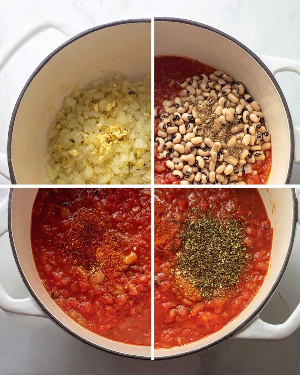 A white pot is shown with four steps of cooking inside. First, there is a layer of light yellow chopped onions at the bottom of the pot. In the second step, the same light yellow chopped onions remain with the addition of small bits of minced garlic mixed in. In the third step, the onions and garlic are now covered with a thick red tomato sauce, and green herbs along with red spices are sprinkled on top, giving a mix of green and red shades in the sauce. In the final step, a large pile of black-eyed beans, beige with small black spots, is added on top of the red sauce and spices, sitting in the middle of the pot. The setting is on a white marbled surface with soft natural light. Photo taken with an iphone --ar 4:5 --v 7