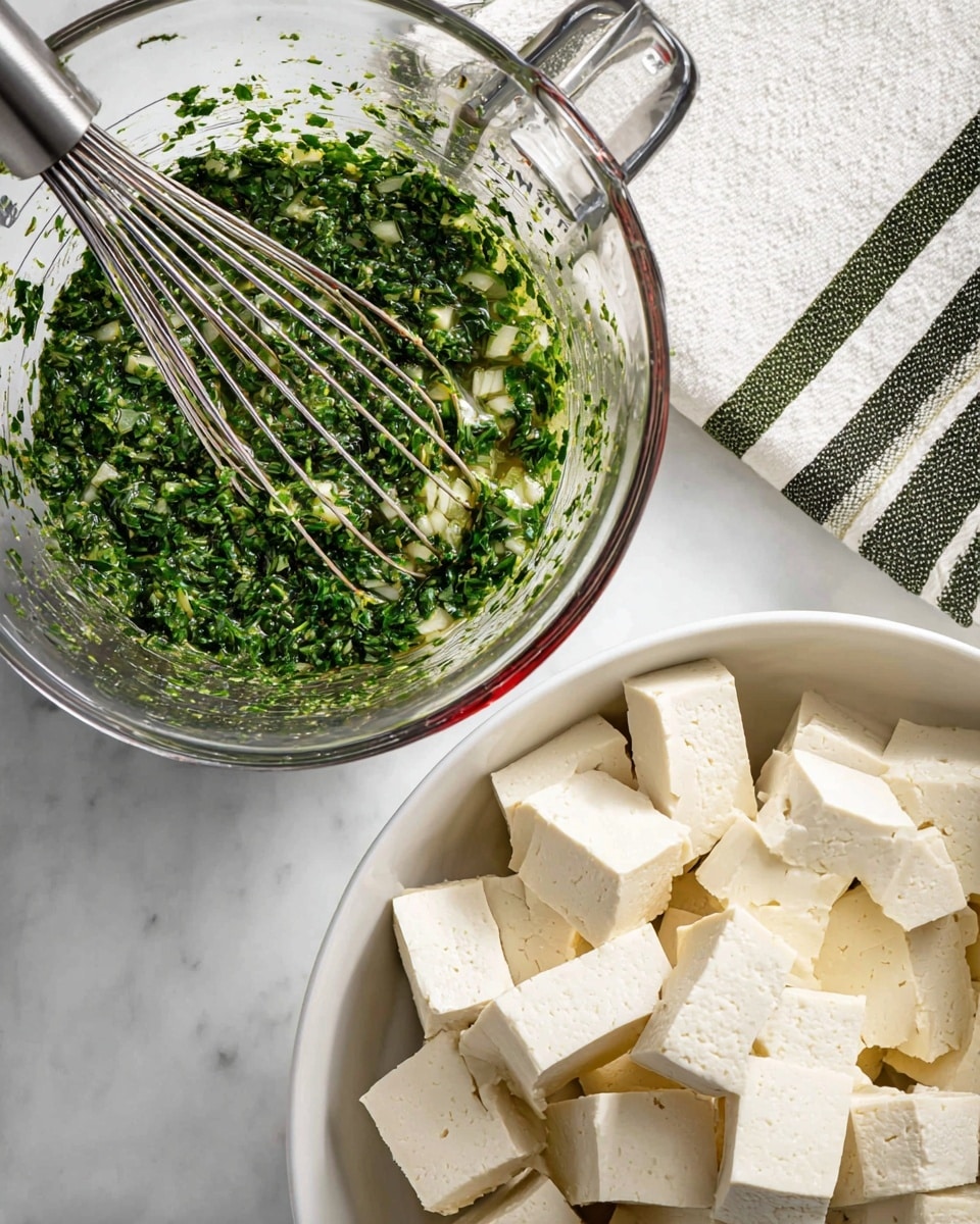 A clear glass measuring cup is filled with a green herb mixture, showing finely chopped parsley and small bits of onion, with a metal whisk resting on top inside the mixture. Below it is a white bowl filled with evenly cut white tofu cubes, some stacked and others spread out. To the right side is a white kitchen cloth with black and olive green stripes, all set on a white marbled surface. photo taken with an iphone --ar 4:5 --v 7