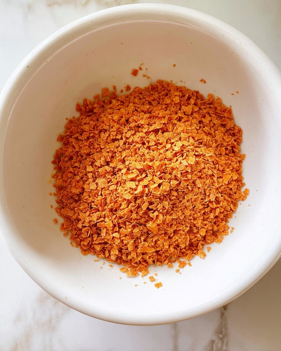 A white bowl holds a pile of bright orange crushed flakes in the center. The flakes look dry and small, with a rough texture and uneven pieces, some larger and some fine. The bowl has smooth, clean sides and a rounded lip. The background shows a white marbled surface beneath the bowl. photo taken with an iphone --ar 4:5 --v 7