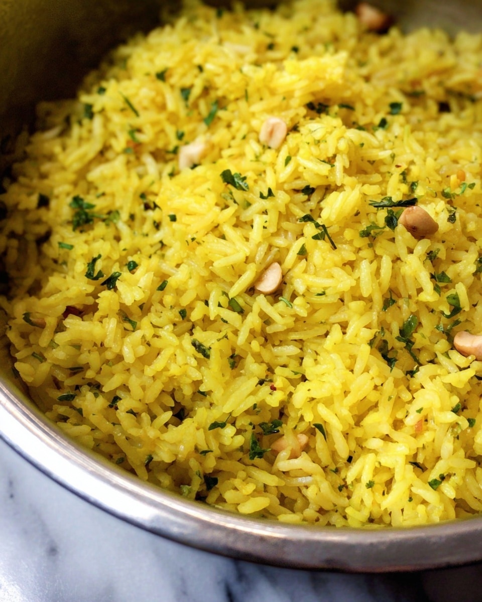 A close-up image of a single-layer dish of yellow rice cooked with small green herbs and scattered light beige nuts, all inside a shiny metal pot with a smooth rim, set against a white marbled texture surface. The rice grains are separate and fluffy with a soft texture visible. photo taken with an iphone --ar 4:5 --v 7