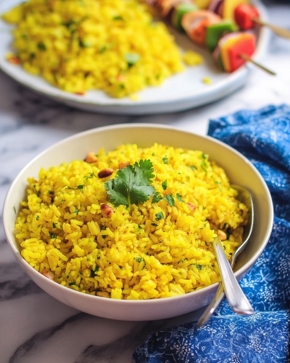 A white bowl filled with bright yellow rice mixed with small green herbs and light brown pine nuts. On top of the rice is a small sprig of fresh green cilantro. A spoon is placed inside the bowl on the right side. Behind the bowl, there is a white plate blurred out showing more yellow rice and some skewered vegetables with red and green colors. The bowl and plate are on a white marbled surface with a blue cloth with white patterns under the bowl. Photo taken with an iphone --ar 4:5 --v 7