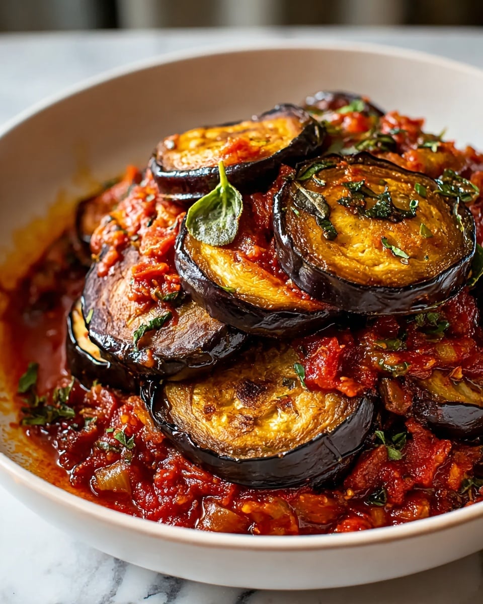 The dish shows one layer of cooked eggplant slices that are dark purple on the edges and golden brown in the center, placed in a white bowl. These slices lie on a thick layer of chunky red tomato sauce mixed with finely chopped onion pieces and fresh green herbs scattered throughout. The tomato sauce has a rich, slightly oily texture and fills the bowl around the eggplants with some sauce stains on the inside edge of the bowl. The background has a white marbled texture. photo taken with an iphone --ar 4:5 --v 7