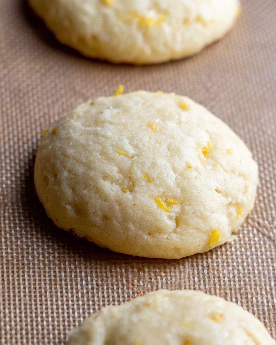 The image shows three soft, round cookies placed on a textured surface that looks like a baking mat. Each cookie is light beige with a slightly uneven texture and small yellowish spots, possibly bits of zest or flavoring, scattered through the dough. The cookies are slightly puffy and have a smooth, matte finish with some minor cracks and small holes on the surface. Photo taken with an iphone --ar 4:5 --v 7