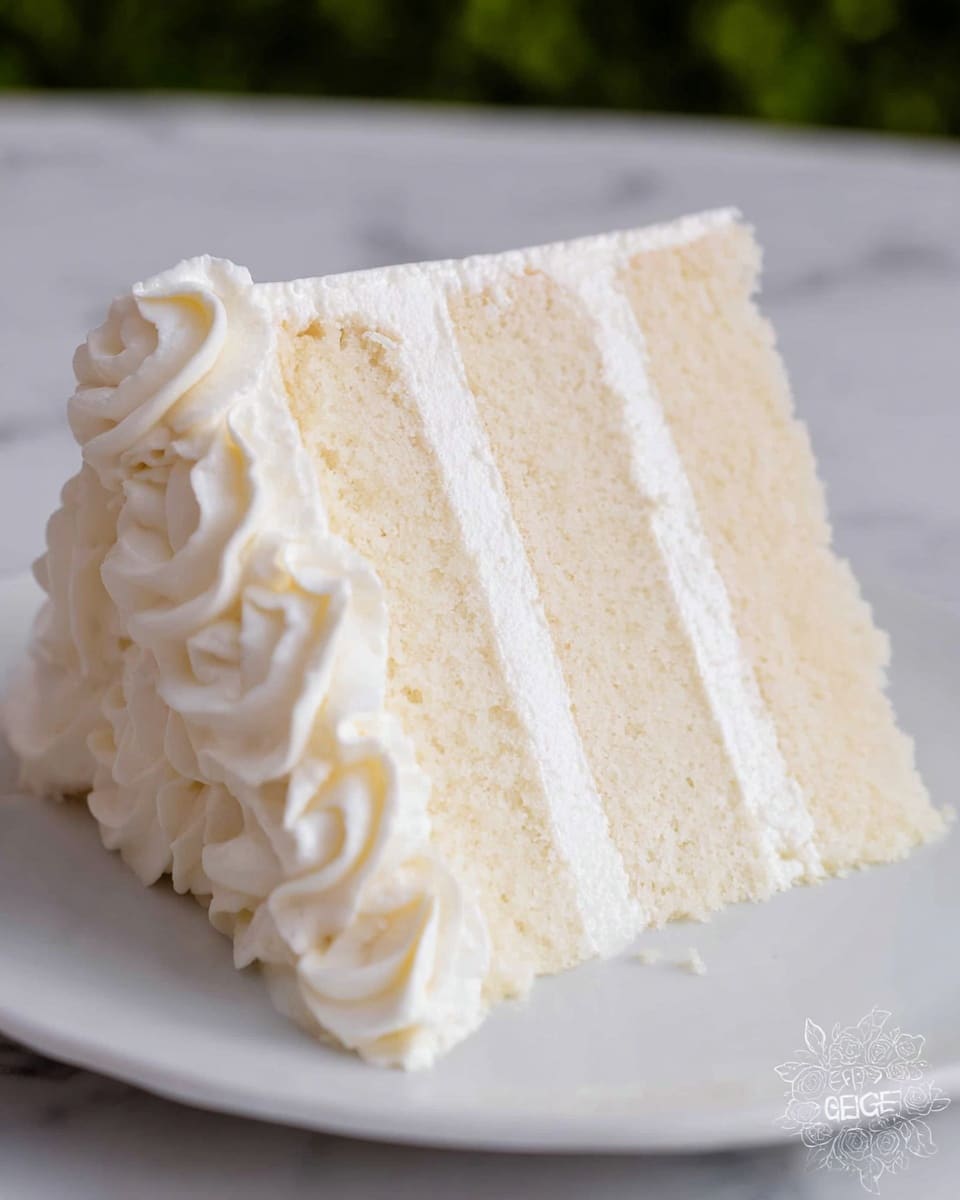 A slice of white layer cake with three layers of soft, light-colored sponge separated by smooth white cream filling is shown on a white plate. The cake is covered in white frosting with piped swirls on the side edges, giving it a textured look. The background features a white marbled texture. Photo taken with an iphone --ar 4:5 --v 7