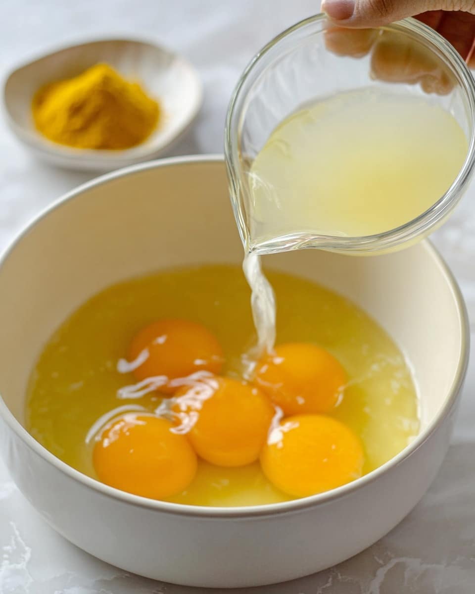 A white pot filled with five cracked eggs, each with bright yellow yolks surrounded by clear egg whites, sits on a white marbled surface. Above the pot, a woman's hand pours a thin stream of light yellow liquid from a clear glass bowl into the center of the eggs. In the background, there is a small round dish with a yellow powder, slightly out of focus. The shot is bright with soft light, captured from above, showing clear textures in the eggs and liquid. Photo taken with an iphone --ar 4:5 --v 7