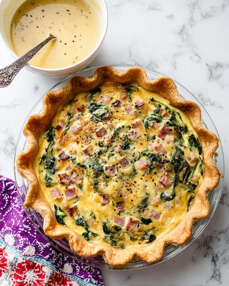 A round quiche with a golden-brown crust that has a wavy edge sits in a clear glass dish on a white marbled surface. The quiche filling is creamy yellow with visible green spinach leaves and pinkish cubes of ham mixed throughout. There is a light sprinkling of grated cheese and black pepper on top, adding texture and contrast. Next to the quiche is a white bowl filled with a creamy pale yellow sauce, and a silver spoon with a detailed handle rests inside the bowl. Part of a colorful cloth napkin with purple, red, and white patterns is visible in the lower-left corner. Photo taken with an iphone --ar 4:5 --v 7