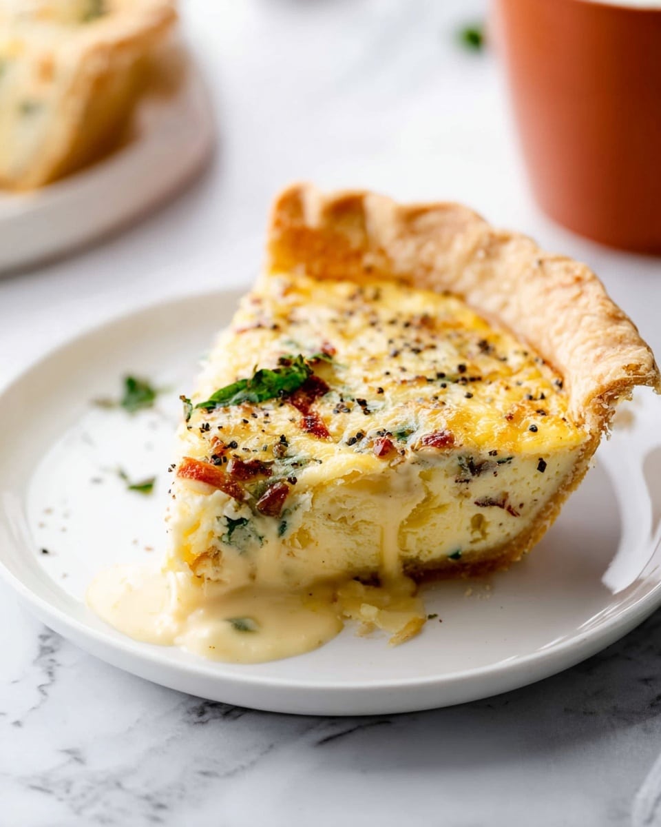 A single slice of quiche with a golden, thick, flaky crust standing upright at the back edge on a white plate. The filling has creamy light yellow color with visible small green leaves and bits of browned pieces scattered throughout. The surface is slightly rough with specks of black pepper, and melted cheese gently dripping over parts of the top layer. The plate rests on a white marbled surface. In the background, there is a blurred soft orange cup and a partial view of another slice of quiche. Photo taken with an iphone --ar 4:5 --v 7