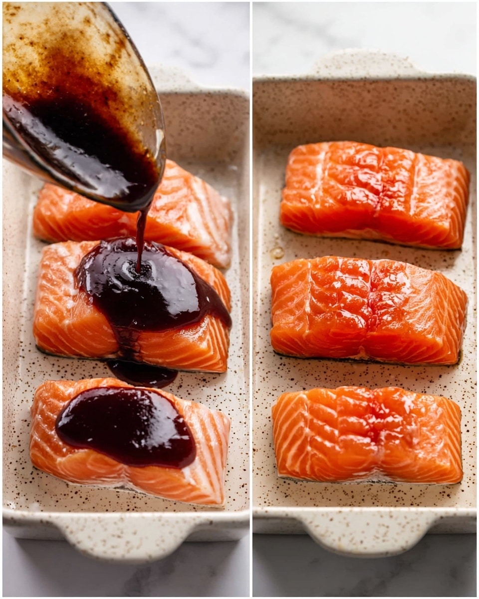 The image shows two views of three raw salmon fillets placed side by side in a white speckled rectangular baking dish on a white marbled surface. On the left side, a dark, thick sauce is being poured onto the middle fillet, creating a shiny dark layer on top of the bright orange salmon. On the right side, the salmon fillets are fully coated with the sauce, which glistens and forms a smooth, glossy layer over the textured surface of the fish. Photo taken with an iphone --ar 4:5 --v 7