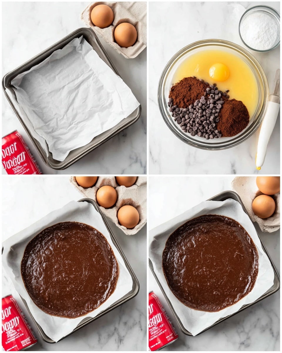 A collage of four images on a white marbled surface showing the process of making chocolate batter. The top left image shows a white baking pan lined with two slightly crumpled layers of white parchment paper. The top right image shows a clear glass bowl filled with layers: two raw yellow eggs on the right side, a pile of dark brown cocoa powder on the left, smooth light brown batter underneath, and dark chocolate chips scattered mostly on the cocoa powder. The bottom left image shows the same glass bowl with all ingredients mixed into a shiny, thick, dark brown batter with small lumps. The bottom right image shows the white parchment-lined pan filled with the dark shiny batter, evenly spread and smooth on top. Around the scene are a red can of Dr Pepper, a few brown eggs in a white carton with two eggshell halves, and a white spatula. Photo taken with an iphone --ar 4:5 --v 7