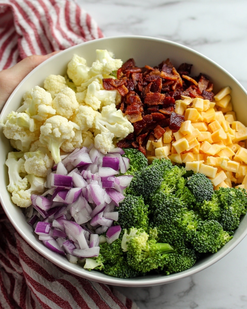 A white bowl holds five distinct layers of ingredients arranged side by side, starting from the bottom left corner with pale, creamy cauliflower florets, followed by a layer of finely chopped purple-red onions with white streaks, then a layer of dark brown cooked bacon pieces with a slightly crispy texture. Next is a layer of small, yellow-orange cubes of cheese with a smooth, firm texture, and finally, a layer of fresh, dark green broccoli florets occupying the bottom right. All the ingredients sit on a surface with a white marbled texture, and part of a woman's hand is visible on the top right edge of the bowl, with a red and white striped cloth slightly blurred in the background. photo taken with an iphone --ar 4:5 --v 7