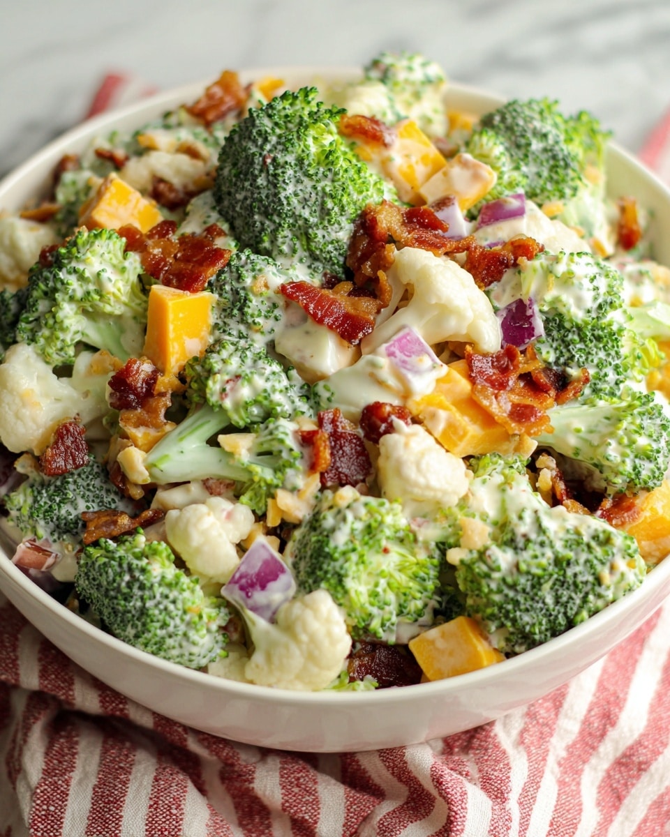 A close-up of a white bowl filled with a mixed salad that has four clear layers: bright green broccoli florets, white cauliflower pieces, yellow and orange cheese cubes, and small crispy red-brown bacon bits scattered throughout. The salad is coated lightly in creamy white dressing, with small bits of purple onion mixed in. The bowl sits on a white marbled texture with a soft red and white striped cloth beneath it. photo taken with an iphone --ar 4:5 --v 7