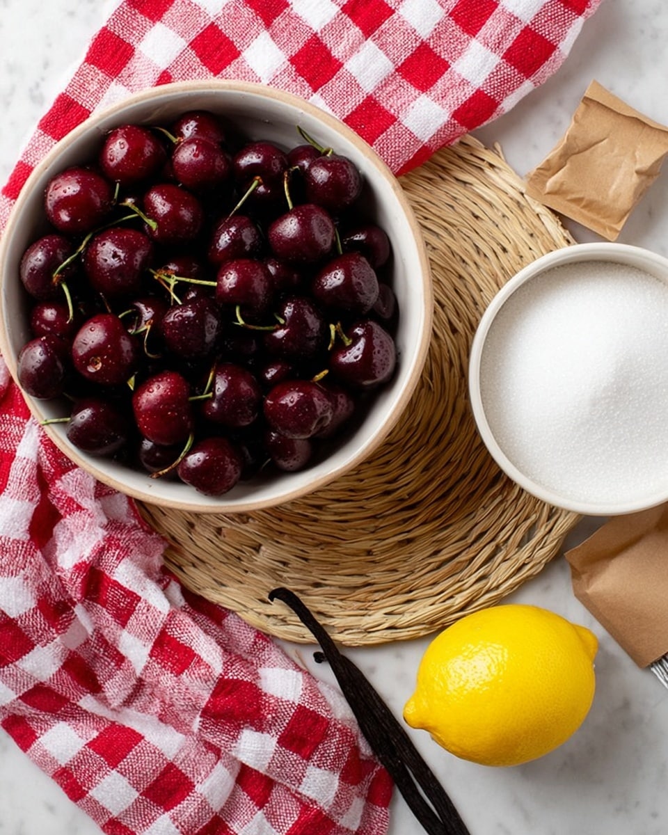A top-down view shows a white bowl filled with dark red cherries, some whole and some cut in half, showing their juicy, shiny texture. Below the bowl is a round woven straw mat. To the right, there is a white bowl with a wide rim, full of fine white sugar. On a white and red checkered cloth underneath, a bright yellow lemon is halved showing its fresh inside. Next to it, there is a small brown paper bag and a dark vanilla bean. The whole setup is on a white marbled surface, giving a clean and bright look. Photo taken with an iphone --ar 4:5 --v 7