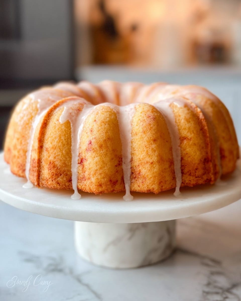 The image shows a round Bundt cake with 12 thick, tall sections arranged in a ring shape. The cake is light orange with some small darker spots and has a smooth texture. A thin layer of white glaze drips down slightly between the sections and pools slightly on the white marble cake stand below. The cake stand has a short, wide base and a circular top, and it sits on a white marbled surface. The background is blurry with warm light, giving a cozy kitchen feel. photo taken with an iphone --ar 4:5 --v 7
