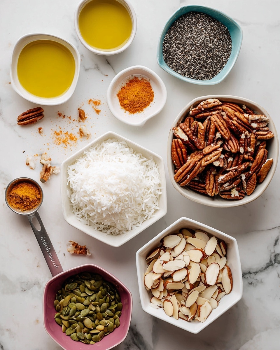 A top-down view of a variety of small white bowls filled with different ingredients arranged on a white marbled surface. The center bowl holds a pile of white shredded coconut. To the right is a bowl filled with chopped pecans in warm brown tones. Below, a bowl contains sliced almonds with a light beige color and brown edges. To the left, a white hexagonal bowl is filled with small black chia seeds, while a pink bowl on the upper left is full of green pumpkin seeds. Between these bowls are smaller containers with yellowish oil, dark syrup, and bright orange powder. A small metal measuring spoon with light pink salt lies diagonally near the center. Scattered pecans and almond slices add texture around the bowls. Photo taken with an iphone --ar 4:5 --v 7