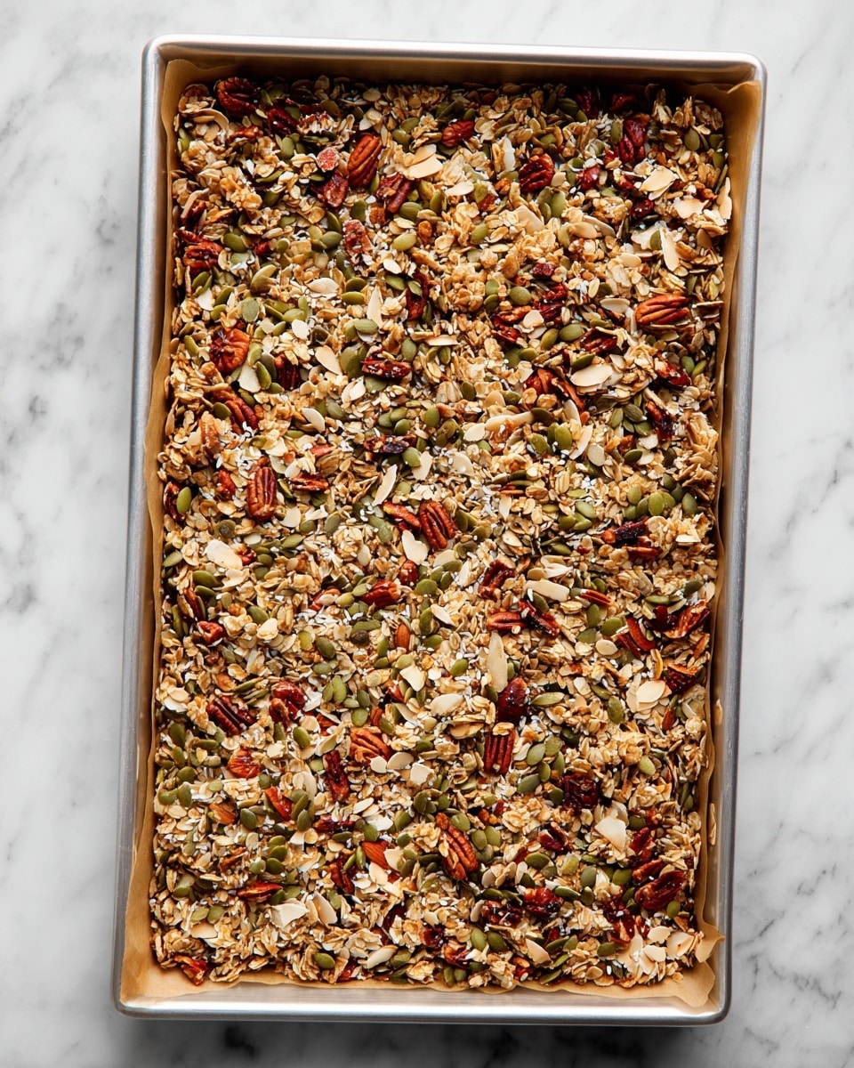 A large silver baking pan lined with brown parchment paper is filled with a single layer of granola. The granola shows a mix of textures and colors: green pumpkin seeds, reddish-brown pecans, pale sliced almonds, shredded light brown coconut flakes, and evenly toasted oat flakes. The granola covers the pan edge to edge, and the entire scene rests on a white marbled surface. photo taken with an iphone --ar 4:5 --v 7