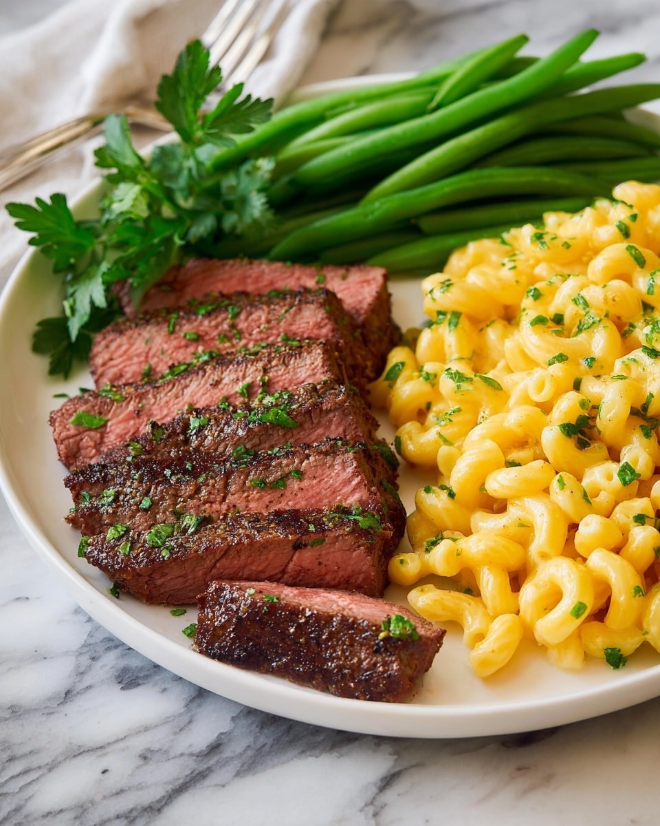 A white plate holds three thick slices of medium-rare steak with a dark brown crust and pink center, each slice sprinkled with green herbs. To the right, there is a mound of creamy, bright yellow macaroni cheese with small green herb pieces mixed in. Behind the steak and mac and cheese, a bunch of shiny, fresh green beans sit neatly stacked. A few sprigs of fresh parsley are placed on top of the steak and macaroni as garnish. The plate is set on a white marbled surface with a silver fork resting beside it. Photo taken with an iphone --ar 4:5 --v 7