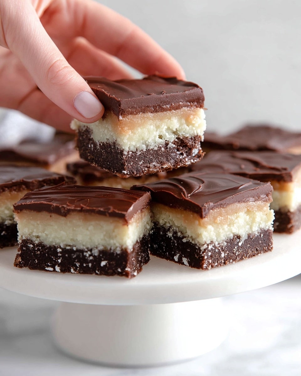 A close-up of a square dessert piece held by a woman's hand above a white cake stand filled with similar pieces on a white marbled surface. The dessert has three layers: a dark brown, soft-looking bottom layer, a thick creamy light beige middle layer with a textured, slightly crumbly look, and a shiny dark chocolate top layer that is smooth with slight waves. The pieces on the stand are cut evenly, showing the same three layers clearly. Photo taken with an iphone --ar 4:5 --v 7