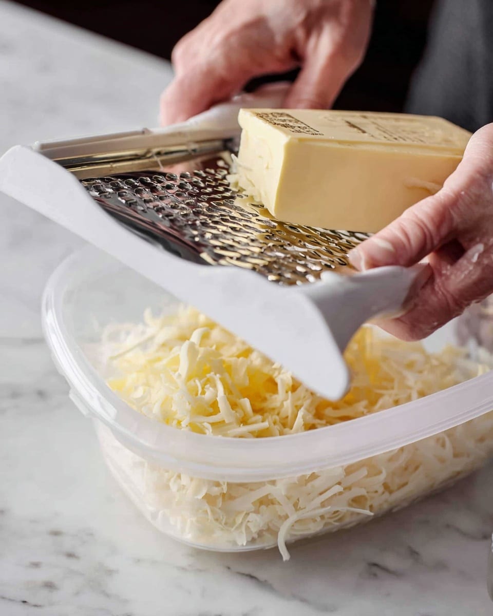 A close-up image shows a woman's hands grating a pale yellow block of butter on a white cheese grater resting over a clear plastic container filled with grated butter pieces. The butter shreds form thin, small strips with a soft and slightly crumbly texture. The white cheese grater has a handle for grip, and the container is placed on a white marbled surface. The background is blurred, highlighting the action of grating butter. photo taken with an iphone --ar 4:5 --v 7