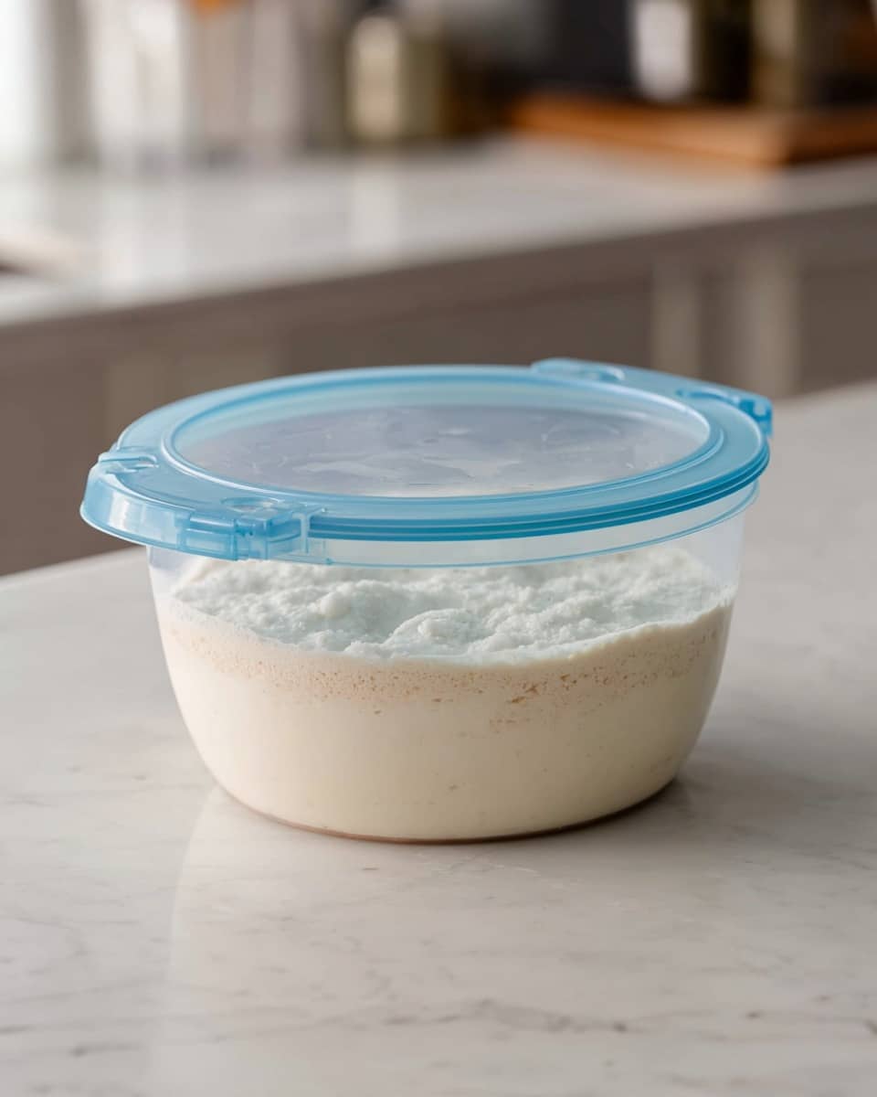 A clear round plastic container with a light blue sealing ring and clips on the sides holds a thick white mixture inside. The mixture has two visible layers: the bottom layer is creamy and smooth with a light beige color, and the top layer is fluffy and bubbly with a white texture. The container sits on a white marbled surface with soft natural light and a blurred kitchen background. photo taken with an iphone --ar 4:5 --v 7