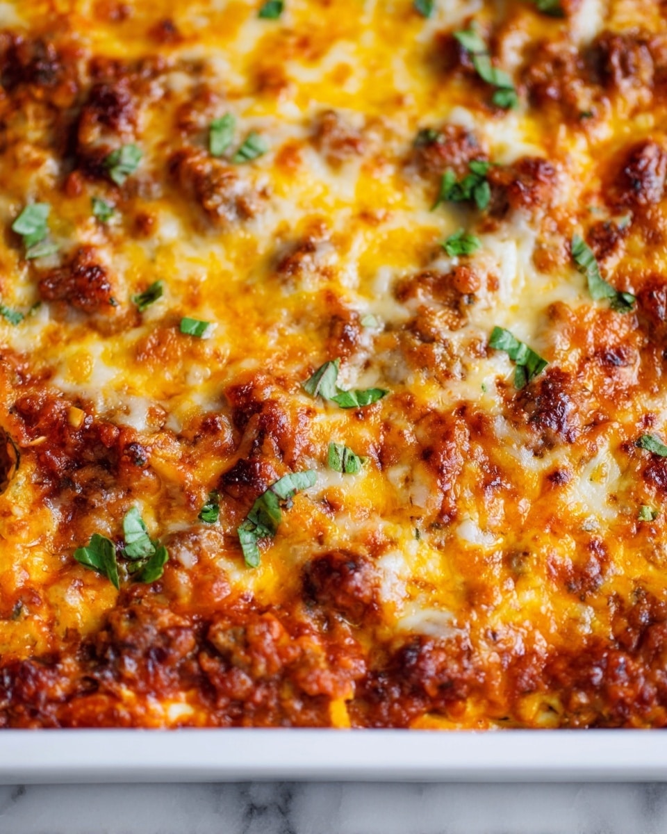 The image shows a close-up view of a baked dish with three main layers. The bottom layer is not fully visible but supports the dish. The middle layer consists of a rich, chunky tomato-based sauce with bits of cooked meat scattered across. The top layer is a golden, bubbly mix of melted cheese in yellow-orange and white shades, browned in places for a slightly crispy texture. Small pieces of fresh green herbs are sprinkled on top, adding color contrast. The dish is in a white rectangular baking tray, placed on a white marbled surface. Photo taken with an iphone --ar 4:5 --v 7