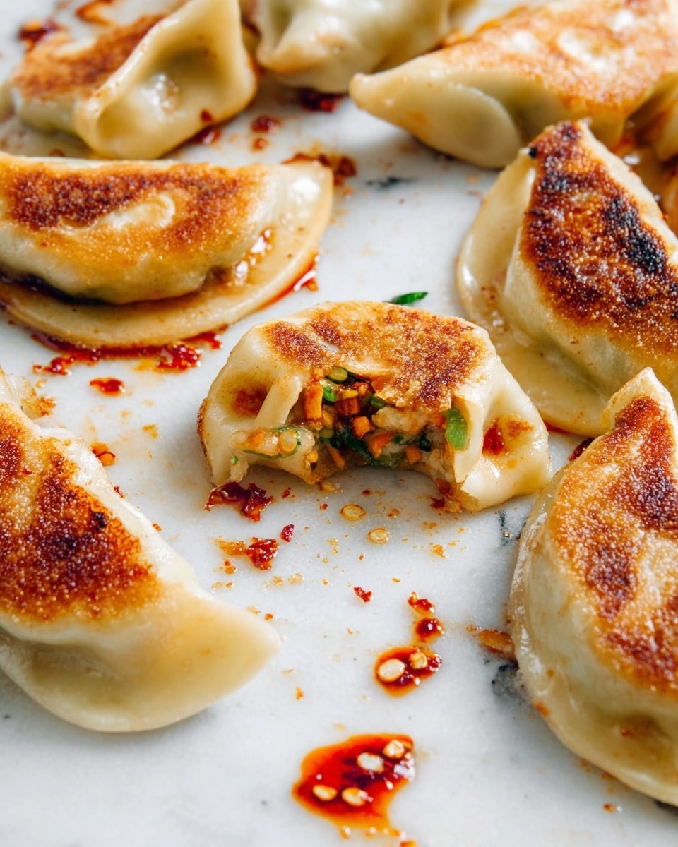 A group of dumplings is scattered on a white marbled surface, with some showing a golden brown crispy bottom and others a soft pale dough texture on top. One dumpling in the foreground is open slightly, revealing a colorful filling of green, orange, and beige bits inside. Small drops of red chili oil and sauce are splattered around the dumplings, adding bright spots of color to the scene. The background is softly blurred with a white marbled texture. photo taken with an iphone --ar 4:5 --v 7