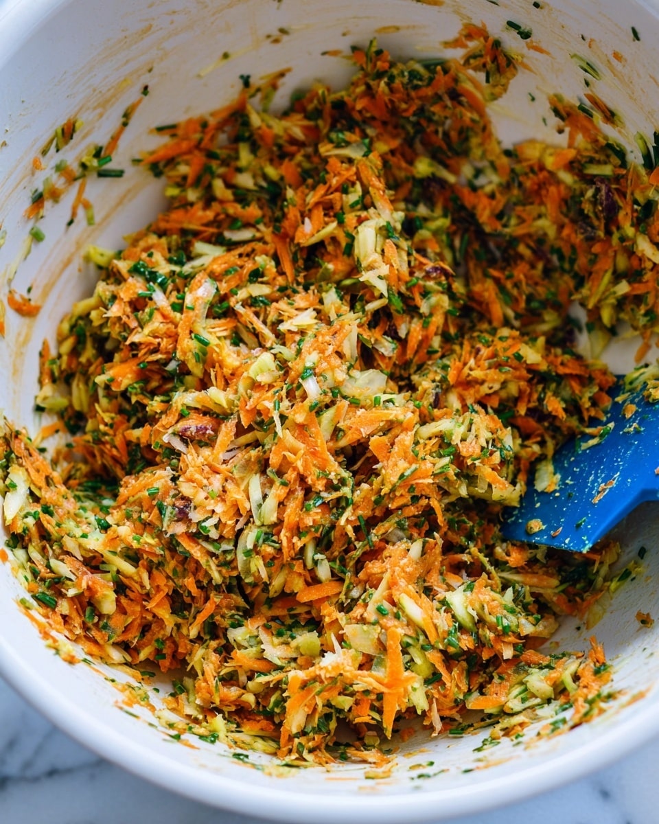 The image shows a close-up of a white mixing bowl filled with a colorful mix of shredded vegetables and herbs. The mixture has a rough texture and includes orange carrot shreds, green chives, pale yellow bits, and small dark pieces, all stirred together. A blue spatula is partially visible on the right side, with some of the vegetable mix on it. The background surface is white with a marbled texture. Photo taken with an iphone --ar 4:5 --v 7
