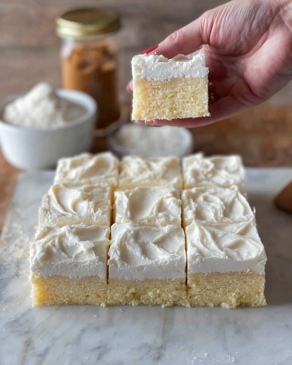 A woman's hand is holding a square piece of dessert above a white marbled surface. The dessert has three layers: a pale yellow sponge cake layer at the bottom, a white creamy middle layer with a soft texture, and a fluffy white icing layer on top. Below the held piece, more squares of the same dessert are neatly cut and arranged, showing the smooth, slightly swirled top icing layer. Around the dessert, there is a white bowl filled with a white crumbly substance, a clear jar of brown sugar, and a white container with a golden lid. Photo taken with an iphone --ar 4:5 --v 7