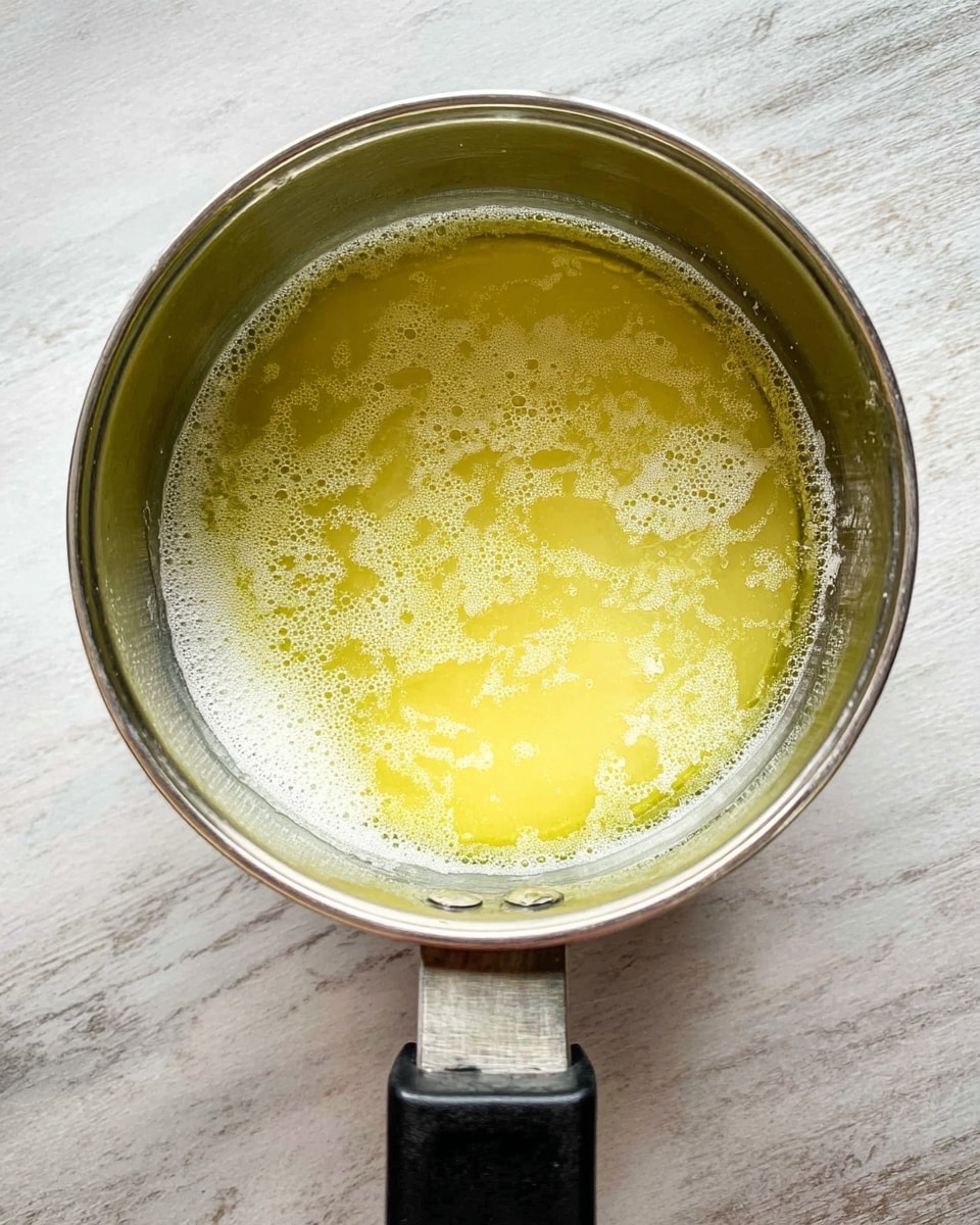 A small metal saucepan with a black handle contains melted butter with a light yellow color and some white foamy patches floating on the surface. The saucepan sits on a white marbled texture surface, viewed from above with a slight tilt. The melted butter has a smooth, oily texture with a gentle shine reflecting light. Photo taken with an iphone --ar 4:5 --v 7