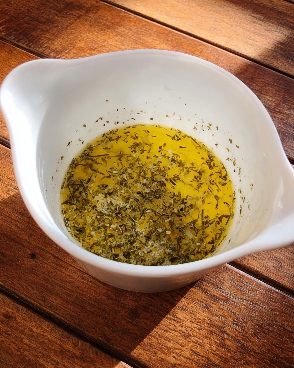 A white bowl with a wide rim and a handle on the left side holds a thin layer of golden yellow oil mixed with tiny green and brown dried herbs evenly spread throughout the liquid. The bowl is placed on a wooden surface with a warm brown shade and visible grain patterns. There are slight reflections on the oil surface showing some light shine. photo taken with an iphone --ar 4:5 --v 7