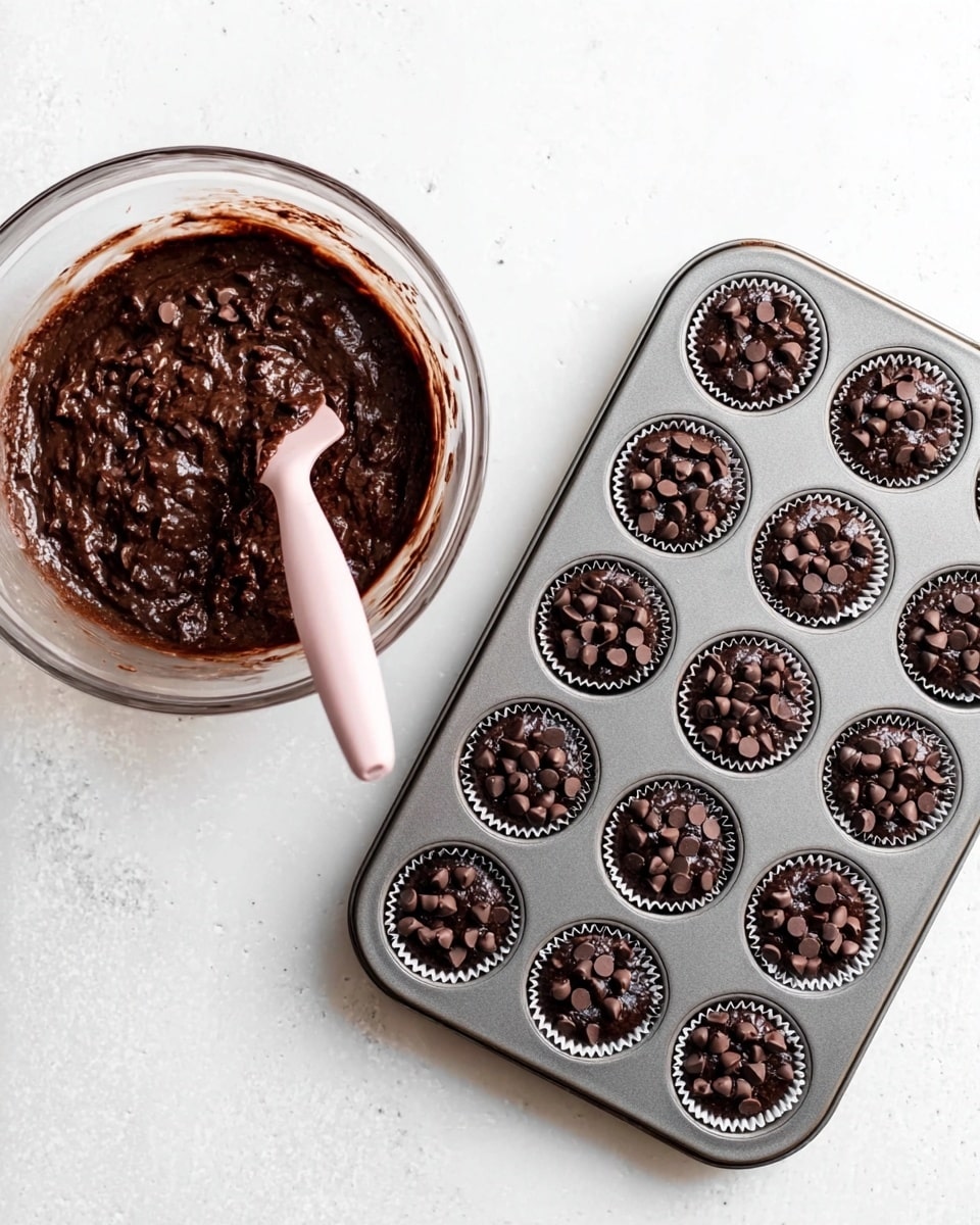 The image shows a clear glass bowl on the left filled with thick, dark brown chocolate batter mixed with small chocolate chips, with a pale pink spatula resting inside it and slightly covered in batter. On the right is a metal muffin tray with 24 cups, each filled with a dark chocolate batter layer topped generously with chocolate chips. Both items are placed on a white marbled surface, creating a clean and bright setting. Photo taken with an iphone --ar 4:5 --v 7