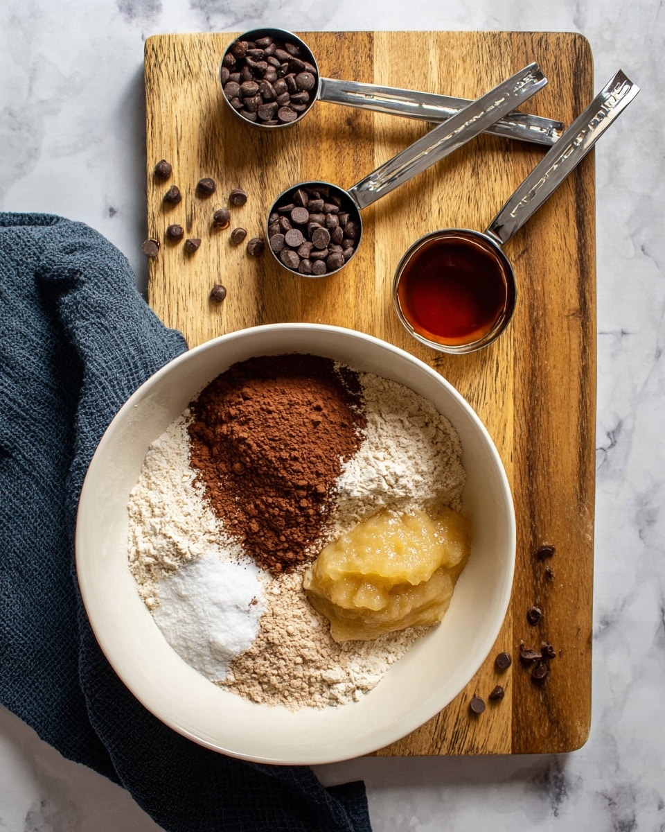 A white bowl holds five different layers of dry and wet baking ingredients separated clearly: light beige flour base, a mound of brown cocoa powder on top, another smaller round mound of darker cocoa powder below it, a heap of white powdered sugar to the side, and a yellowish, thick applesauce dollop sitting in the front right section. Above the bowl on a wooden board are three metal measuring spoons; the largest is filled with small, dark brown chocolate chips, the medium one holds a deep amber liquid, and the smallest contains a small amount of the same amber liquid. Some chocolate chips are scattered around the largest spoon on the wooden board, and a folded dark blue cloth is tucked at the top left corner of the board. The scene is set on a white marbled surface. Photo taken with an iphone --ar 4:5 --v 7