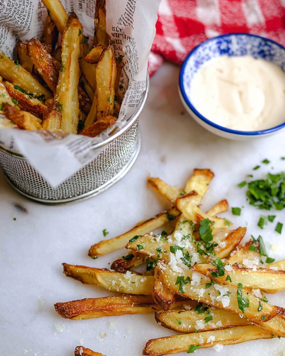 The image shows two parts: on the left, a silver metal basket containing golden brown fries with some green herbs, lined with paper that looks like newspaper. To the right on a white marbled surface, several fries lie scattered, topped with small green herb pieces and small white cheese flakes. Behind the fries, there is a white bowl with a blue pattern on the rim, filled with creamy pale white dipping sauce. A red and white checkered cloth is partially visible at the bottom right corner. The photo taken with an iphone --ar 4:5 --v 7