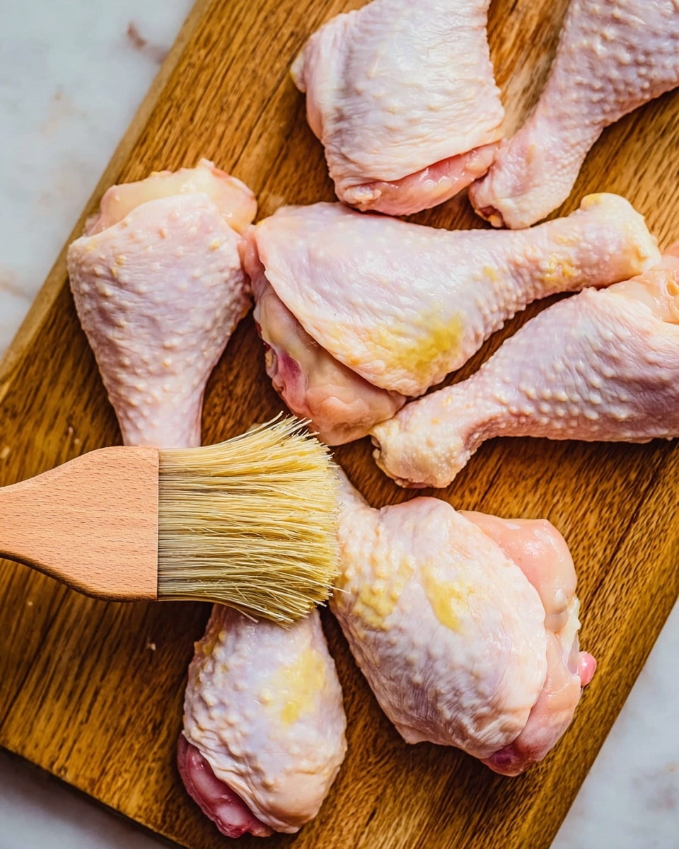Several raw chicken drumsticks with pale pink skin and some yellowish fat patches are arranged on a wooden cutting board. A wooden basting brush is shown brushing one drumstick with some oil or marinade. The cutting board sits on a white marbled surface. photo taken with an iphone --ar 4:5 --v 7