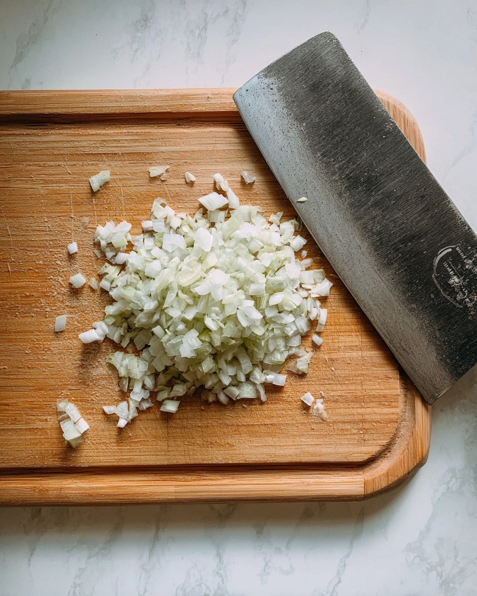 A wooden cutting board with a pile of small white and pale green chopped pieces of onion in the center, to the right side lies a large metal cleaver knife with a dark handle, all placed on a white marbled surface. photo taken with an iphone --ar 4:5 --v 7