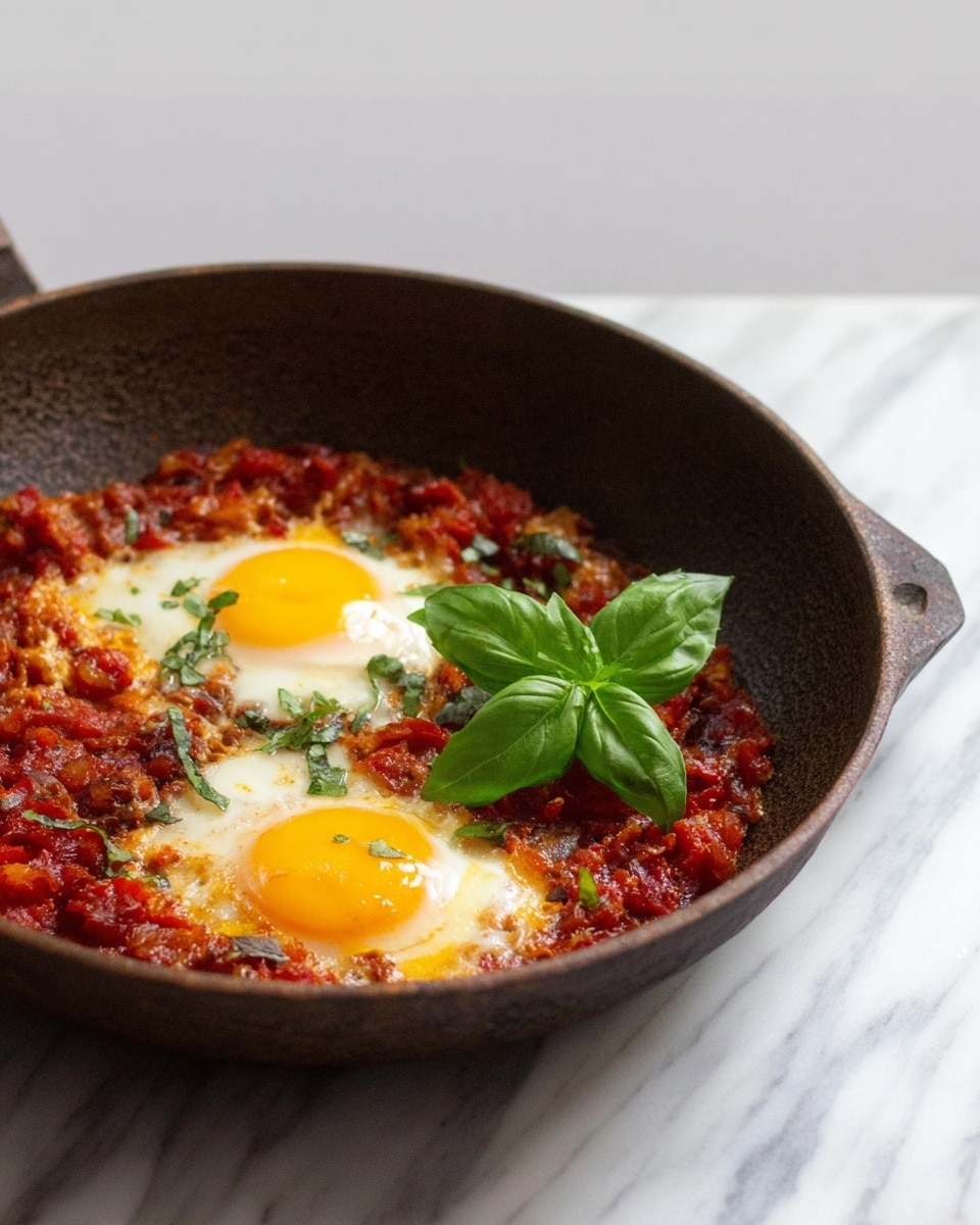 The dish is served in a dark, rustic pan placed on a white marbled surface. The base layer is a rich red tomato sauce with visible chunks of vegetables or meat, creating a textured and colorful bed. On top of this sauce, there are two sunny-side-up eggs with bright yellow yolks surrounded by soft, cooked whites. A fresh green basil leaf sits in the center, adding a pop of color. The overall look is warm and inviting with a mix of red, yellow, and green tones. Photo taken with an iphone --ar 4:5 --v 7